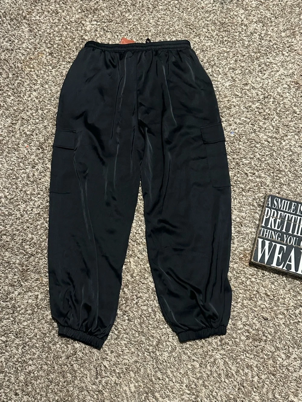 Black Satin cargo joggers size XL New With Tags - 32” waist